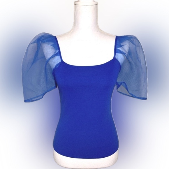 NWT Endless Rose Short Puff Sleeve Sweater Top Women Size XS Royal Blue - Picture 1 of 7